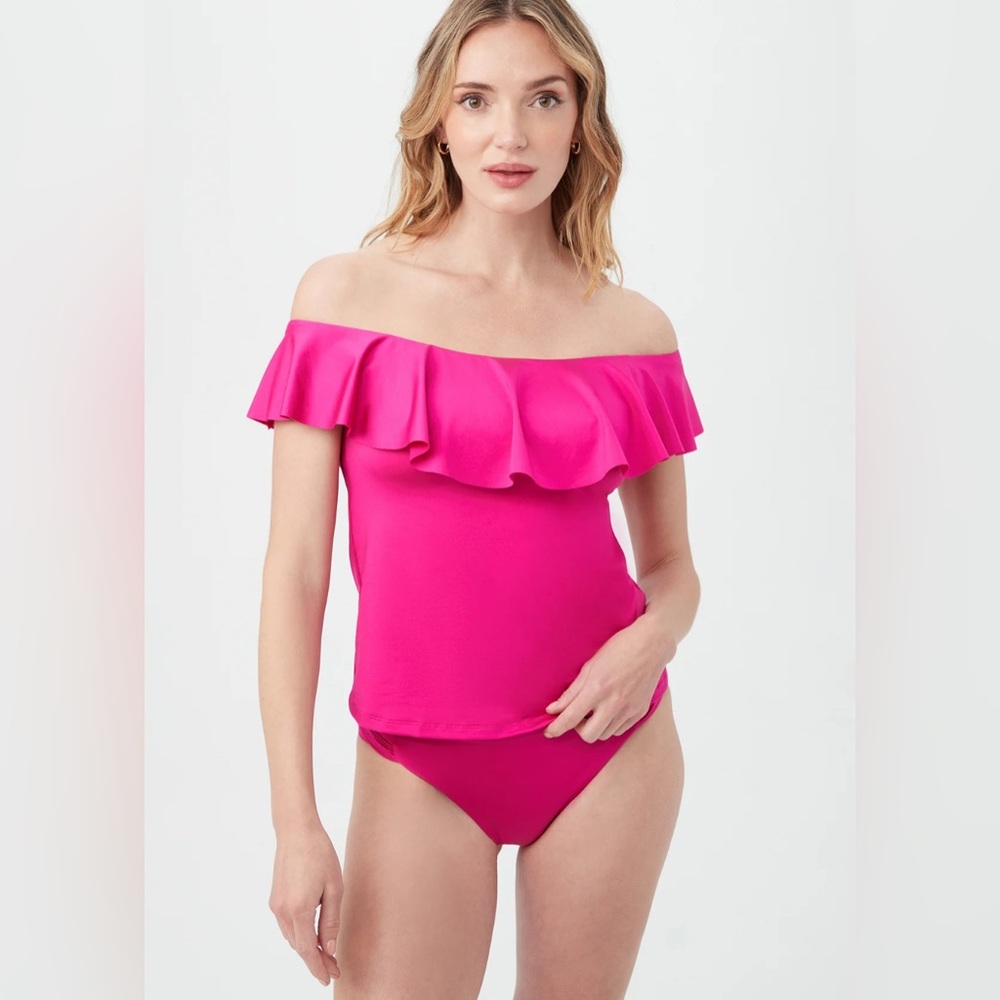 Trina Turk Women's Monaco Off The Shoulder Ruffle Tankini Swim Top Sangria 6 NWT
